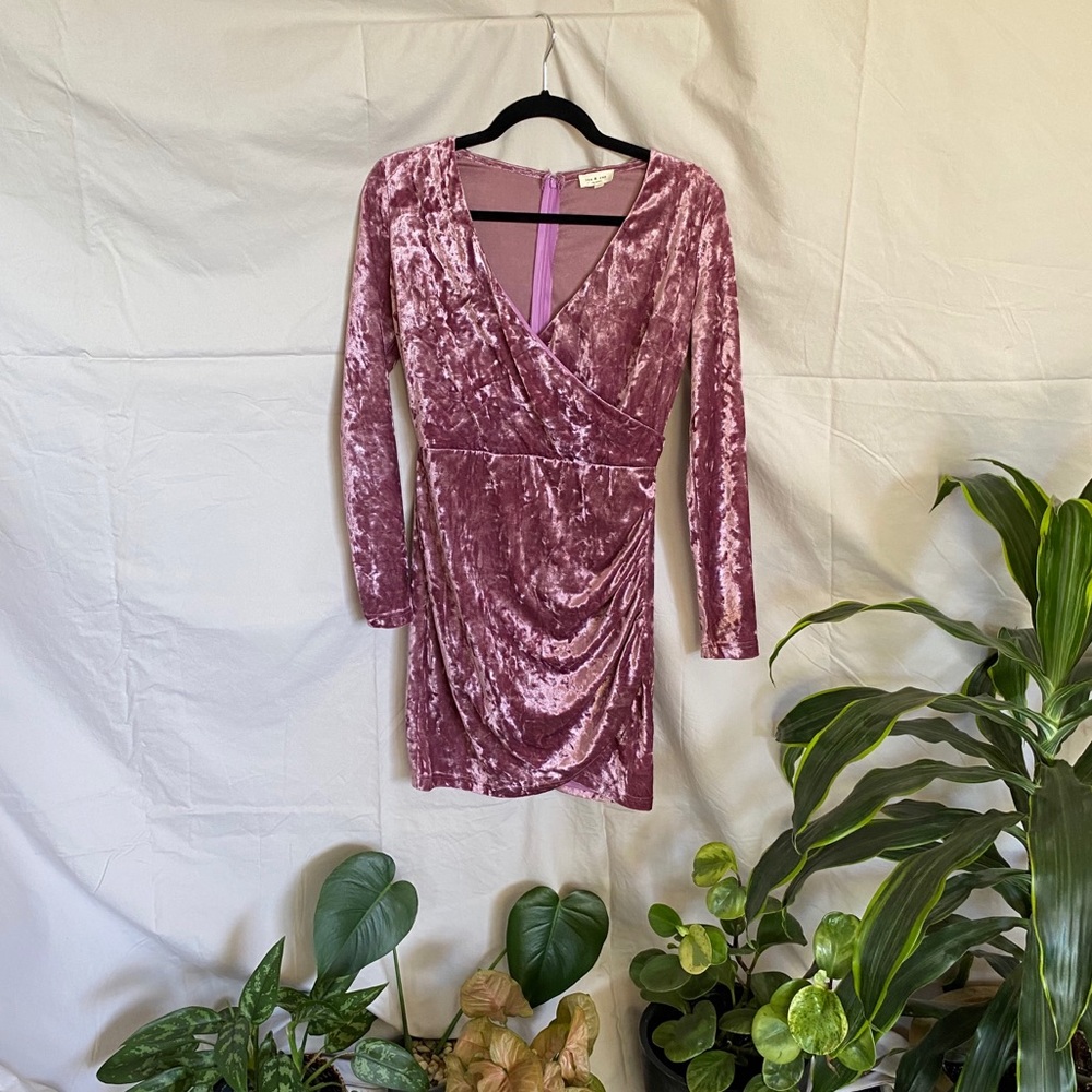 Pink Crushed Velvet Long Sleeve Dress